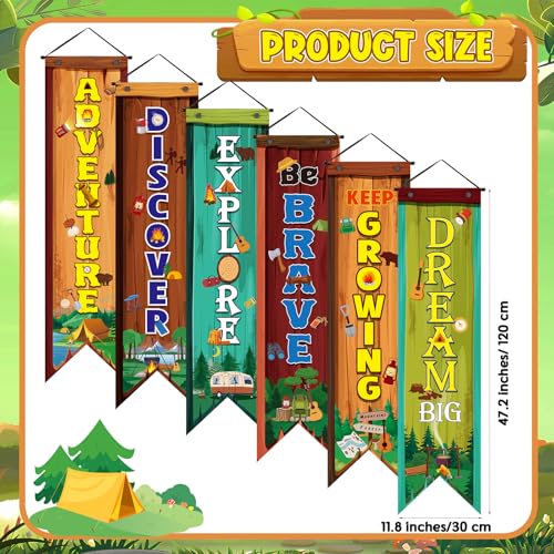 Image of Chiisong 6 Pieces Camper Party Decorations Adventure Discover Explore Porch Signs Camping Hanging Backdrops for Indoor Outdoor Home Bar Birthday Photo Props Door Wall Party Decor Supplies