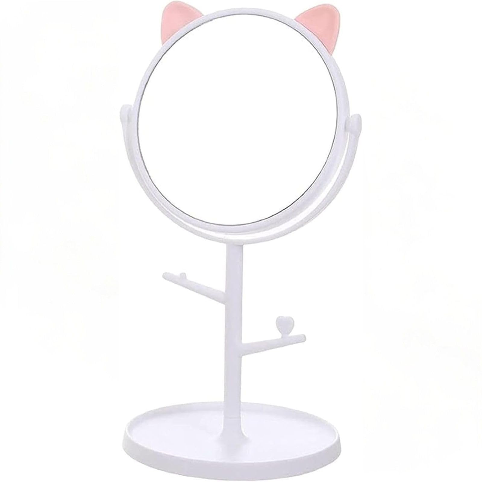 beyteq round desk mirror with cute cat ears- rotatable hd vanity makeup mirror with stand for desktop or dresser (white)
