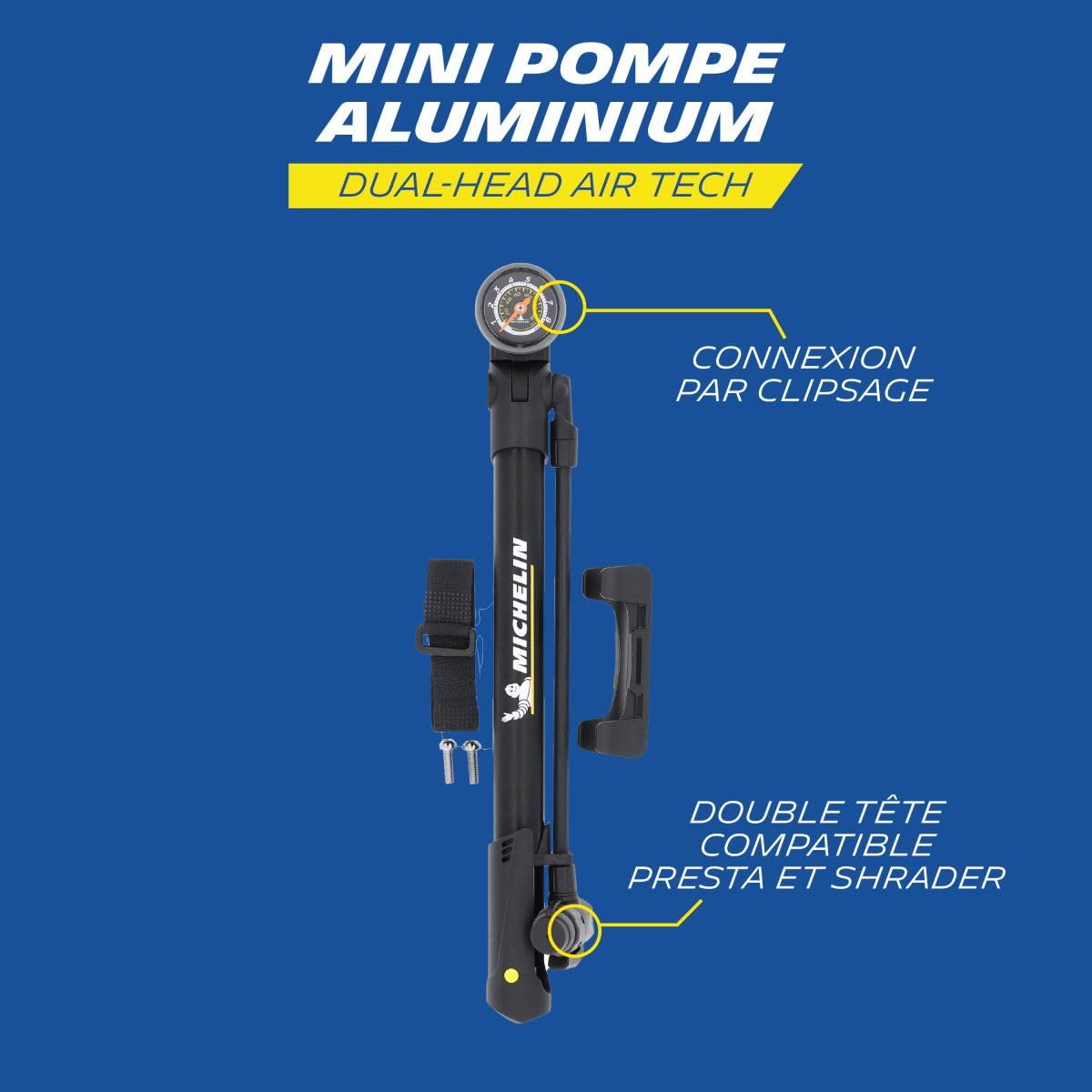 MICHELIN Mini Pompe Aluminium Convertible AIR Tech Pro - Manomètre Analogique - pour VTT, VTC, VAE, Vélo Enfant - 157g