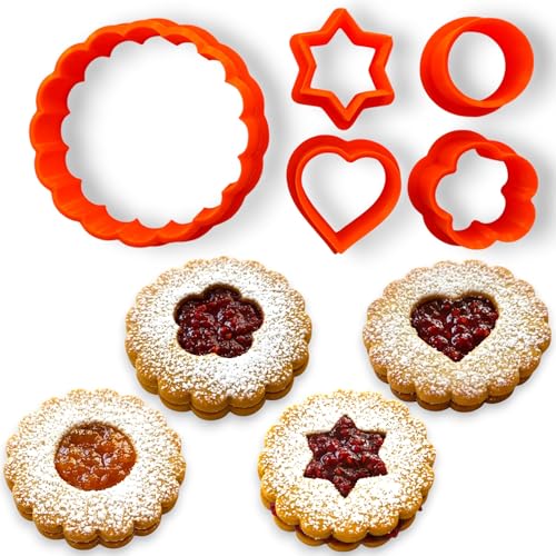Linzer Cookie Cutter Set 2.4 Inch (6Cm) – Scalloped Round With 4 Mini Inserts (Heart, Star, Flower, Circle) – Perfect For Linzer Cookies & Fondant