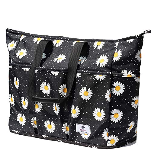 Women Ladies Weekender Bag Muti-pockets Overnight Carry-on Duffel Travel Gym Tote Luggage Duffle with Trolley Sleeve (White Daisy)