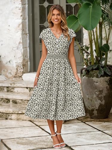 Image of BerryGo Women's Floral Boho Ruffle Summer Midi Dress Short Sleeve V Neck Empire Waist Swing Flowy Dress