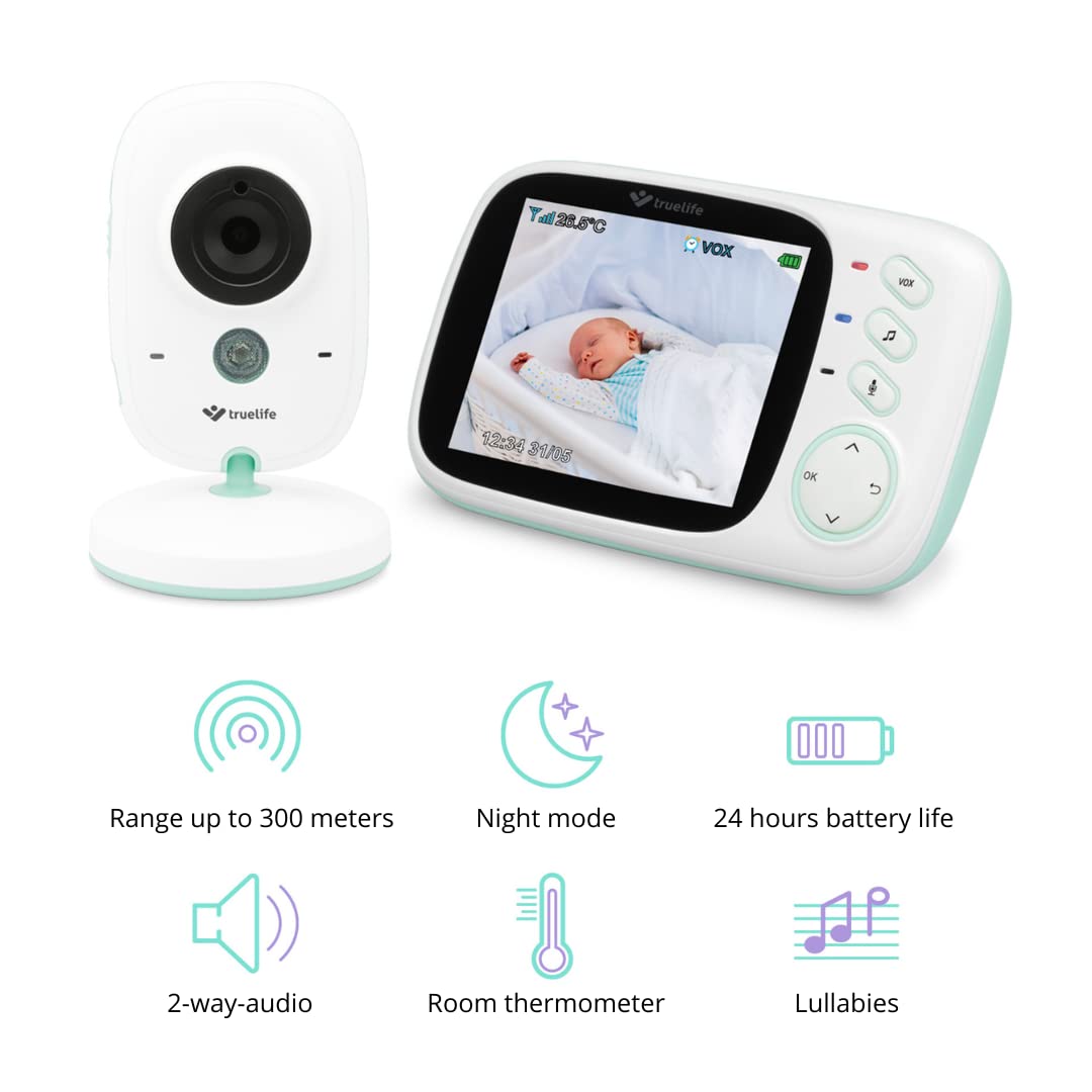 Video baby monitor TrueLife NannyCam H32, videocamera digitale per il tuo bambino, display LCD a colori, termometro ambiente, modalità notte, 8 melodie, regime VOX