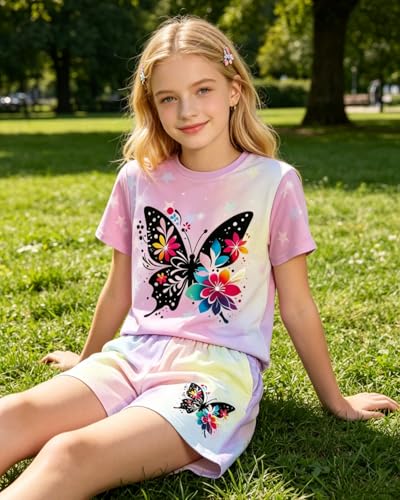 Image of 7-14Y Tween Girl Clothes 2 Piece Short Sleeve Tie Dye Heart Print Top and Shorts Teen Girl Summer Outfits Short Set