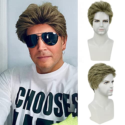 PHOCAS Herren-Perücke, kurz, olivbraun, glatt, mit Pony, synthetische Perücke, für den täglichen Gebrauch, Cosplay, Halloween, Kostüm, Perücke für Männer Cover