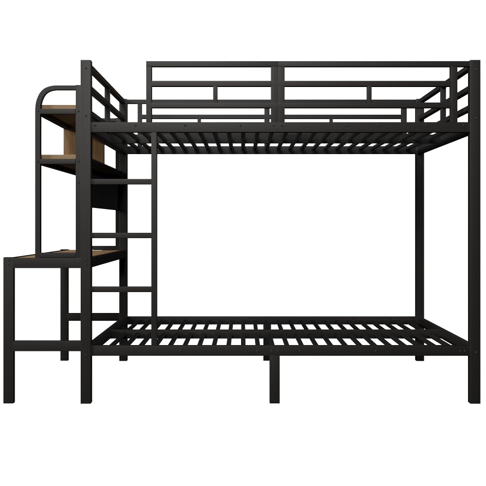 Lubvtti Litera de hierro para niños, 140 x 200 cm, con tira de luz LED, puerto USB, escritorio, compartimento de almacenamiento, cama infantil, estructura de cama de matrimonio (negro)