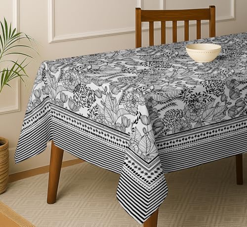 Vargottam Floral Design Cotton Tablecloth - Black 60x90 Inch Dining Table Cover, Suitable for 6 Seater Tables, Strong & Long-Lasting Fabric, Reusable, Perfect for Daily Dining, Weddings & Parties