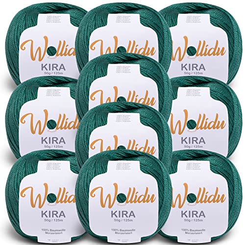 Wollidu Kira 100% algodón, 10 x 50 g, para tejer y ganchillo, color verde oscuro