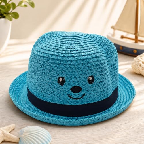 Image of VRITRAZ Kids Straw Hat for Baby Boys & Girls | Printed Summer Sun Hat, Woven Wide Brim Beach Cap, Lightweight Breathable Holiday Travel Picnic Outdoor Fancy Dress Fashion Hat for Children & Toddler
