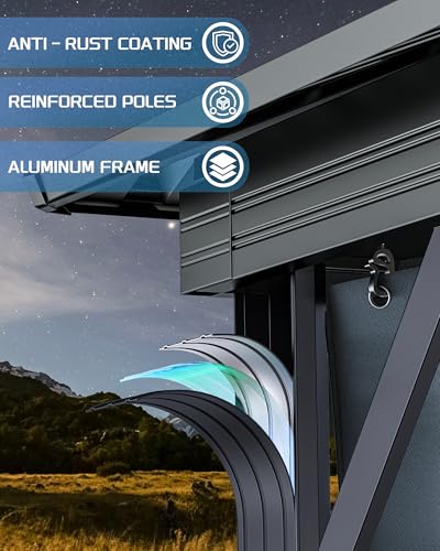 10'x12' Hardtop Gazebo - Aluminum Frame Permanent Pavilion with Curtains and Netting, Outdoor Double Metal Roof, Heavy Duty Poles for Patio, Deck, Backyard, Lawn, Garden Grey - Image 3