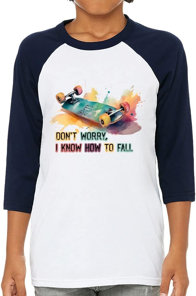 Don't Worry I Know How to Fall Kids' Baseball T-Shirt - Print 3/4 Sleeve T-Shirt - Skateboard Baseball Tee