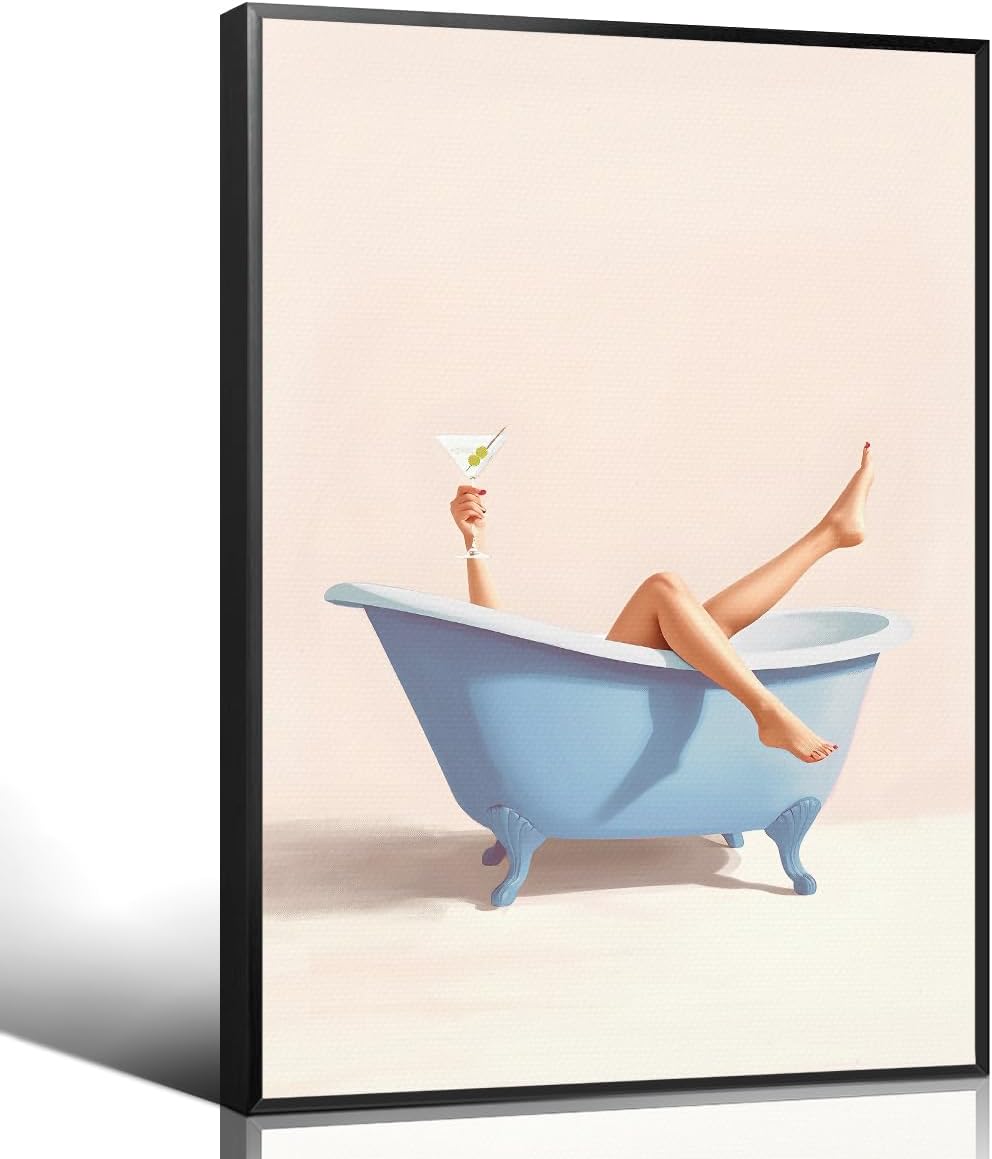 Blue Bathroom Canvas Wall Art, Girl Hold Martini Lounging In Bathtub Aesthetic Poster, Funky Glamour Cocktail Bathroom Wall Decor, Dopamine Girly Restroom Washroom Print 16x24in Framed