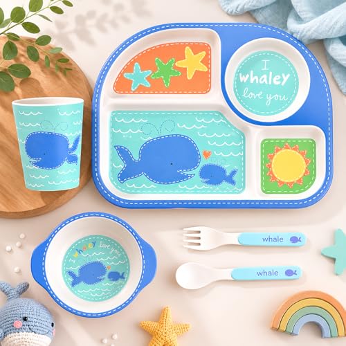Image of Bamboo Kids Feeding Set of 5 |Kids Crockery Set Tableware |Baby Utensils and Dishes Set | Eco-Friendly |Organic & Natural (Wobbly Whale.)