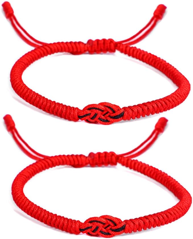 LINONI 2 STKS Handgemaakte Tibetaanse Boeddhistische Koperen Kralen Armband Verstelbare Lucky Katoen Touw Knoop Rood Zwart Koord Paar Armband voor Vrouwen Mannen