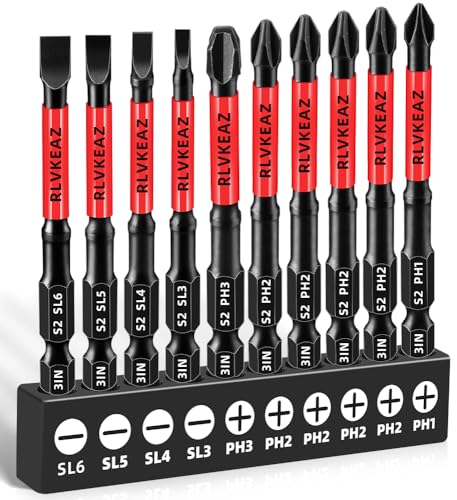 10-PCS 3' Long Magnetic Screwdriver Bits Set: Phillips Bits #1/#2/#3 & Slotted Head - S2 Alloy Steel, 1/4' Hex Shank for Impact Driver, Power Drill - Pro & DIY