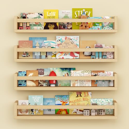 Image of Onlysky Set of 4 Wall-Mounted Kid's Bookshelf - Wood Floating Nursery Book Shelves - Durable Wood Construction - Ideal for Nursery Decor, Kids Room, Toy Storage