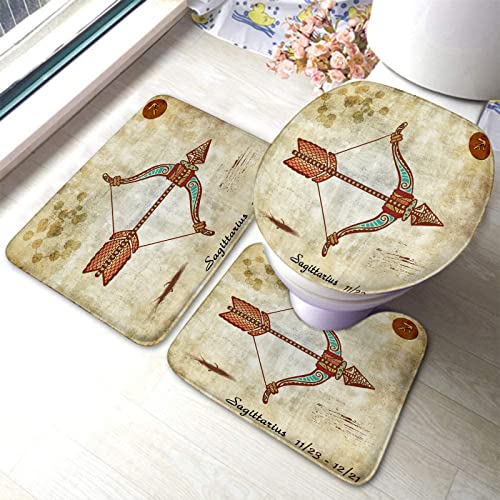 Badezimmerteppich-Set, 3-teilig, Boho-Stil, Schütze und Symbole, Vintage-Muster, digital, waschbare Badteppiche, rutschfest, mit Rückenpolster, Konturteppich und Toilettendeckelbezug
