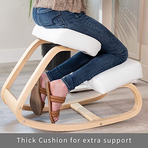Vivo Wooden Rocking Kneeling Chair, Ergonomic Rocker Stool For Home And Office, Angled Posture Seat, Light Wood Frame & White Cushions, Chair-K04Rw #TOP1