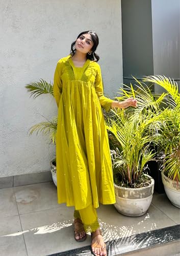 Image of MOKOSH Women's Cotton Kurta with Pant | Kurta Set | V Neck 3 /4 Sleeve Ethnic Suit | 2 Piece Outfit | Indian Kurta Outfit With Pant