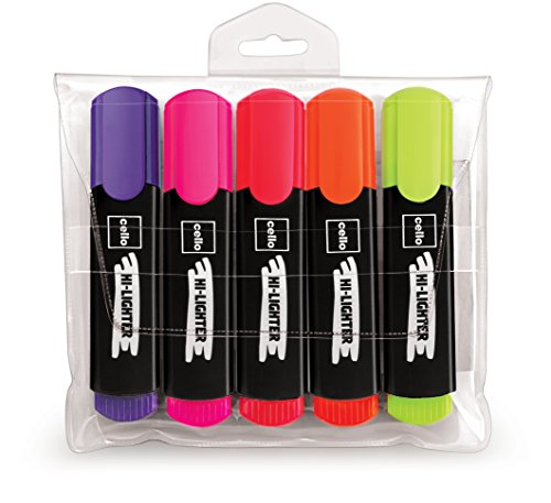 Cello Hi-lighter (Pack of 5, Vivid Colors – Yellow, Pink, Peach, Orange and Purple) | Easily Applicable Highlighters | School & Office Stationery