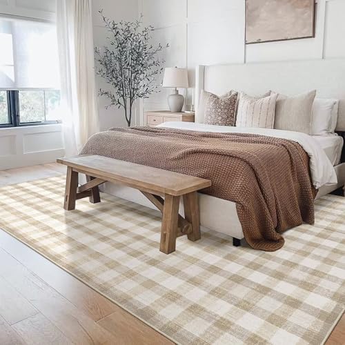 Image of Checkered Area Rug, 8x10, Beige | Washable, Non Slip, Modern Neutral, For Living Room Bedroom Office Patio Dining Room