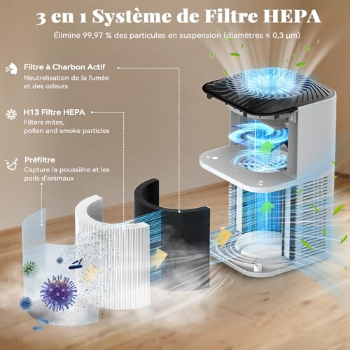 Purificateur d'Air avec Filtre HEPA H13, Filtration Efficace Allergène, Élimine Moisissures, Pollen, Odeurs, Fumée et Particules Inférieures à 0,3 µm, Éponge d'Aromathérapie, Air Purifier 22dB – Image 4
