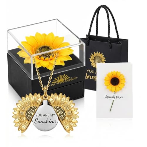 LOGAZOO Valentines Day Gifts, Forever Sunflower Gifts for Women Girlfriend Wife Mom, You are My Sunshine Necklace Gift Box for Birthday Wedding Mother's Day Xmas Present Sunflower Jewelry Home Decor