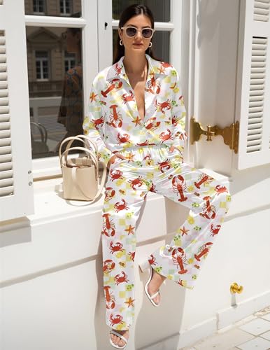 Image of Ekouaer Womens Satin Silky Pajama Set 2 Piece Print PJs Soft Loungewear Button Down Sleepwear with Elastic Waist Long Pants