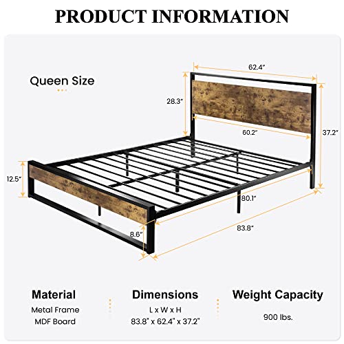 Sha Cerlin Queen Size Modern Bed Frame With Wooden Headboard, Heavy Duty Metal Platform Bed, No Box Spring Needed, Noise-Free, Rustic Brown #TOP1