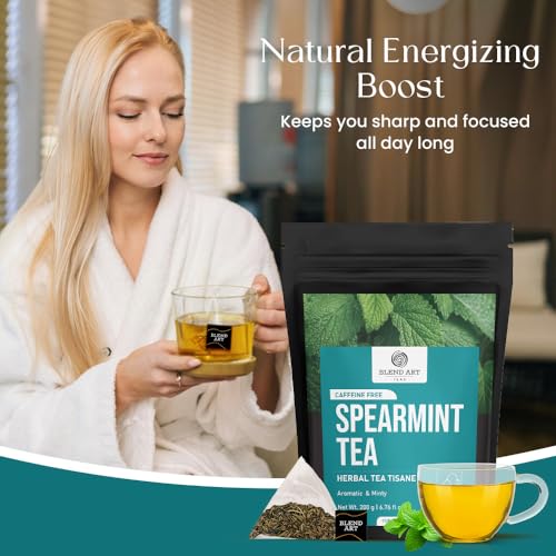 Image of Spearmint Tea Bags 50 Count Herbal Tea Bags PCOS PCOD RELIEF Balances Hormones Support Digestion Refreshing Aromatic and Minty Gluten Free Caffeine Free Tea 100% Pure Spearmint leaves Pyramid Tea bags