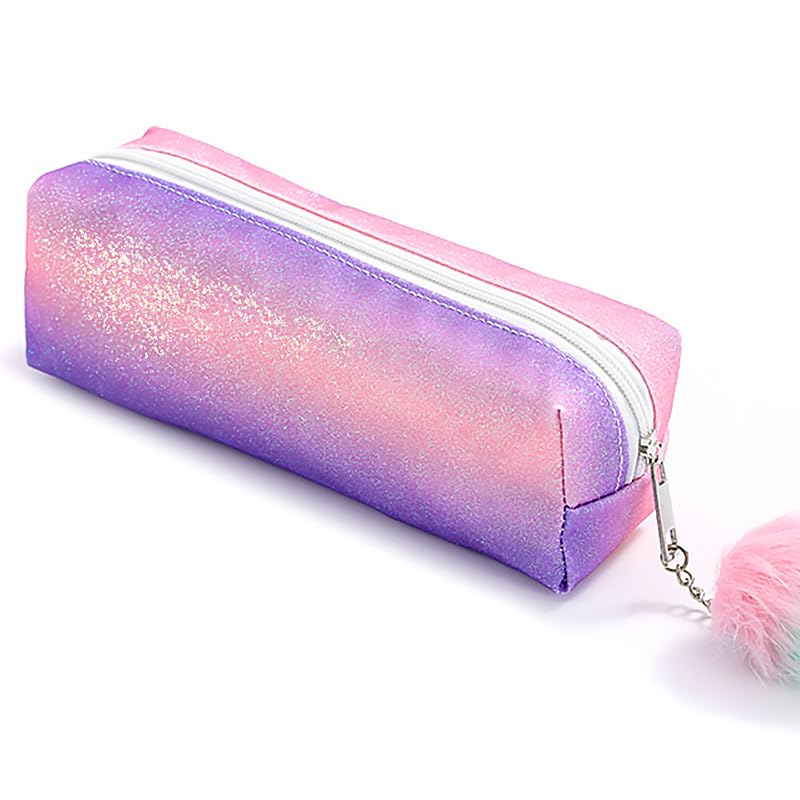 PHOGARY Glitter Preppy Pencil Case for Girls, Cute Pastel Pen Case Fluffy Zip Pull Pouch Bag Holographic Pencil Case, Sparkling School Stuff Stationery Shimmery Sequin Makeup Bag for Kids (Pink)