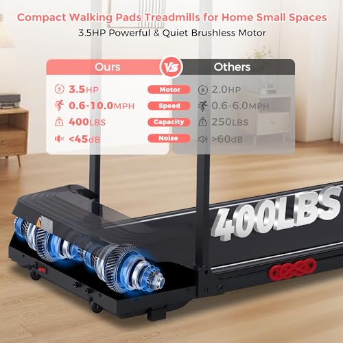 Image of Walking Pad with Handle Bar, 3.5HP Electric Portable Walking Pad Treadmill with Handles, 0.6-10MPH Running Treadmill with Handles for Home Small, Big Screen, 400LBS Capacity