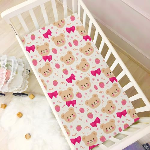 Image of Crib Sheet Breathable Soft Crib Mattress Sheet for Baby Toddler Boys Girls Fitted Pack n Play Crib Sheet Fit Standard Crib Mattress 52 x 28 Inch Beige Pinks Strawberry Bear Bow