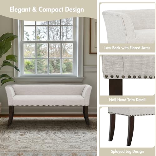 Image of Madison Park Accent Bench for Living Room, Upholstered with Nailhead Trim, & Padded Seat Entryway Bench Small, End of Bed Bench with Back, 49.5 inch W x 19.25 inch D x 23 inch H, White Cream