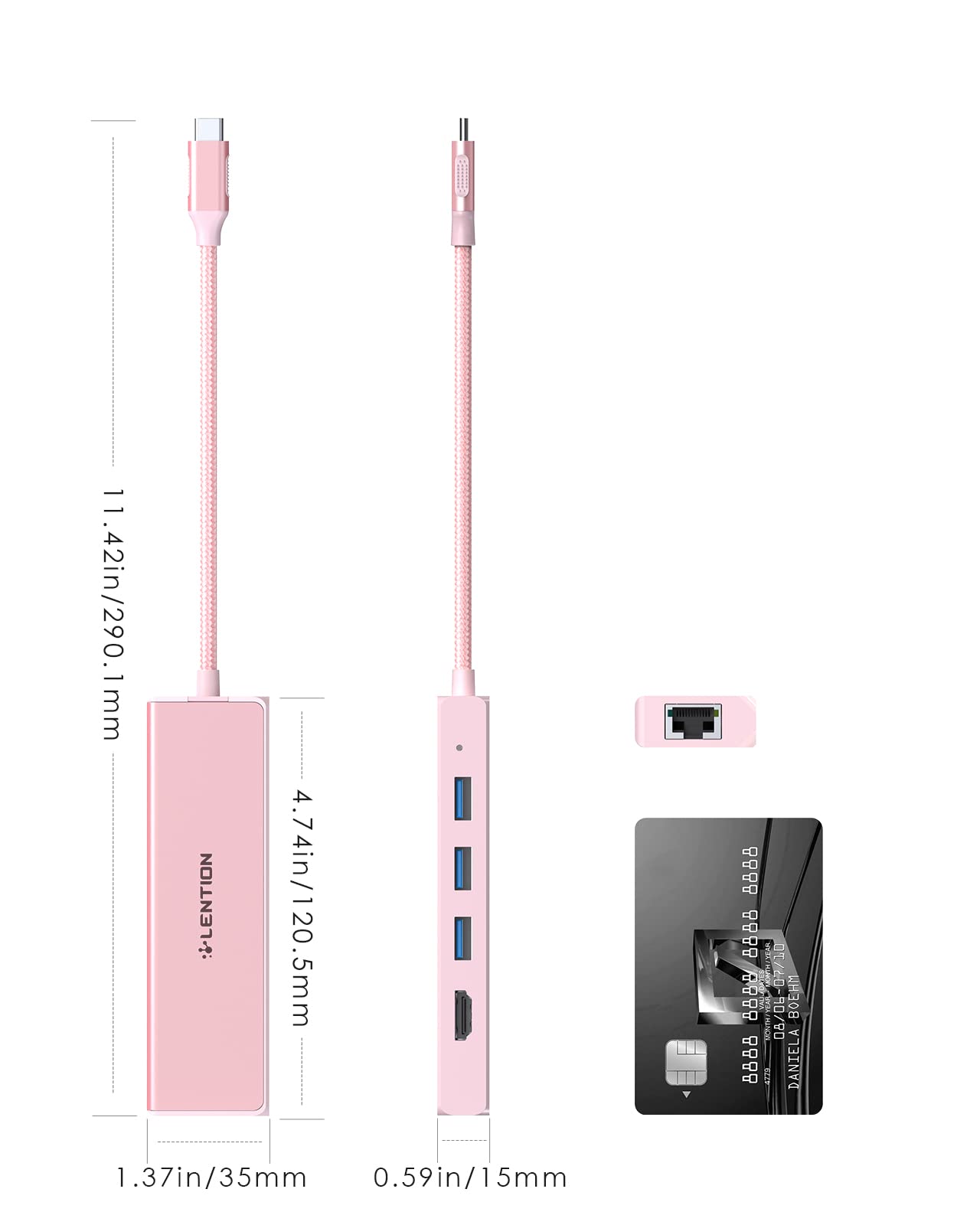 LENTION Hub USB C a HDMI 4K, Ethernet 1000M, 3 Dongle USB 3.0, Adattatore per 2023-2016 MacBook Pro M2 M1, Nuovo Mac Air, iPhone 15 Plus Pro Max, Surface Pro 9, Chromebook (C25, Oro Rosa)