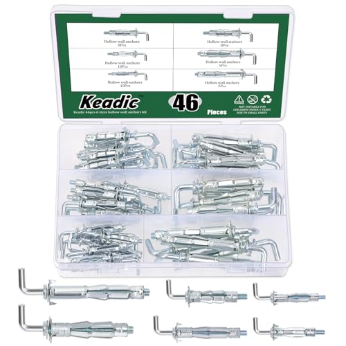 Keadic 46Pcs 6 Sizes Hollow Wall Anchor Screw Assortment Set, M4*32, M4*38, M5*37, M5*52, M6*52,M6*65