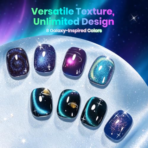 Image of Beetles Cat Eye Gel Polish Set, 8 Colors Magnetic Galaxy Blue Purple Gel Nail Polish with Magnet, Soak Off UV LED Manicure, Starborn Galaxy Aurora Shimmer Shades for Party Gifts