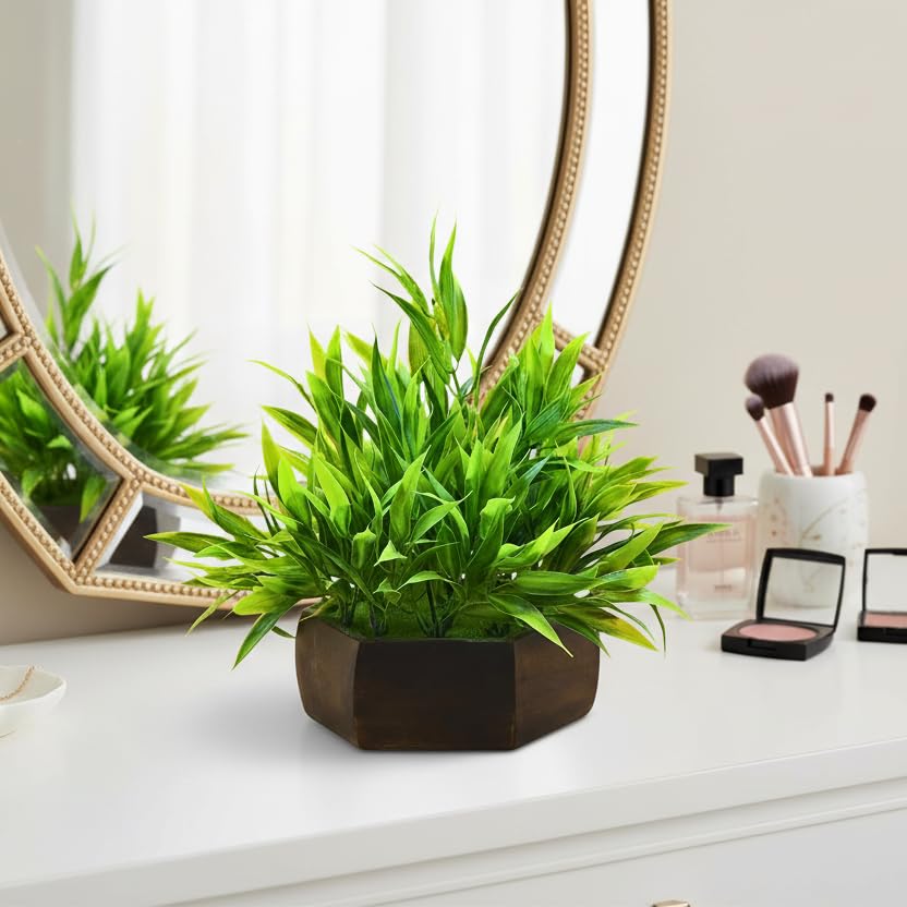 fancymart Artificial Bamboo Leaves in Wooden Hexagon 5-Inch Pot – Elegant Tabletop Plant Decoration for Living Room, Office Desk & Shelf Styling (Pack of 1)
