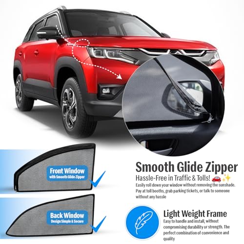 Image of Autofact Magnetic Car Sunshades Compatible with Maruti Brezza (2016 to 2021) (Set of 4) - Easy Installation, UV Protection, Keeps Car Cool (Front 2 with Zippers, Rear 2 Without Zippers)