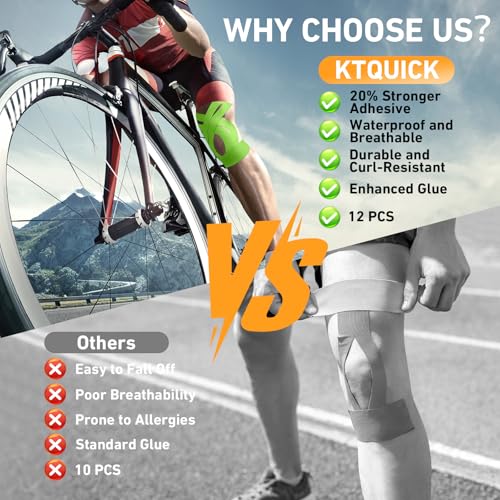 Image of PreCut Kinesiology Tape for Knees, KTQUICK 12 PCS 20% Extra Adhesive Knee Tape for Knee Pain Relief Pre Cut, Anatomical for Maximum Hold, Waterproof&Hypoallergenic Cotton Latex-Free for Sports (Green)