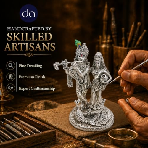 Image of 999 Silver Plated Radha Krishna Idol with Peacock - 5.5 Inch | Radhe Krishna Murti for Wedding for Couple, House Warming Gifts for Pooja Room