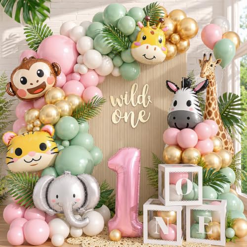SNLN Wild One Birthday Decorations Jungle Theme 1st First Birthday Decorations Girl Huge Jungle Safari Animal Foil Balloons Pink Sage Green Balloon Arch Number 1 Balloon Leaves Boxes Wild One Decor