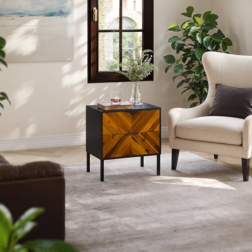 Image of Bme Vivian Nightstand with 2 Drawers, Solid Acacia Wood Bedside Table, Rustic Golden Brown Mid Legacy Modern Night Stand with Storage for Bedroom, Solid Wood End Table with Metal Legs