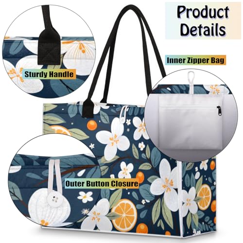 White Flower Lemon Tote Bag for Women Large Beach Bag Reusable Tote Bags for Work Travel Beach Shopping4