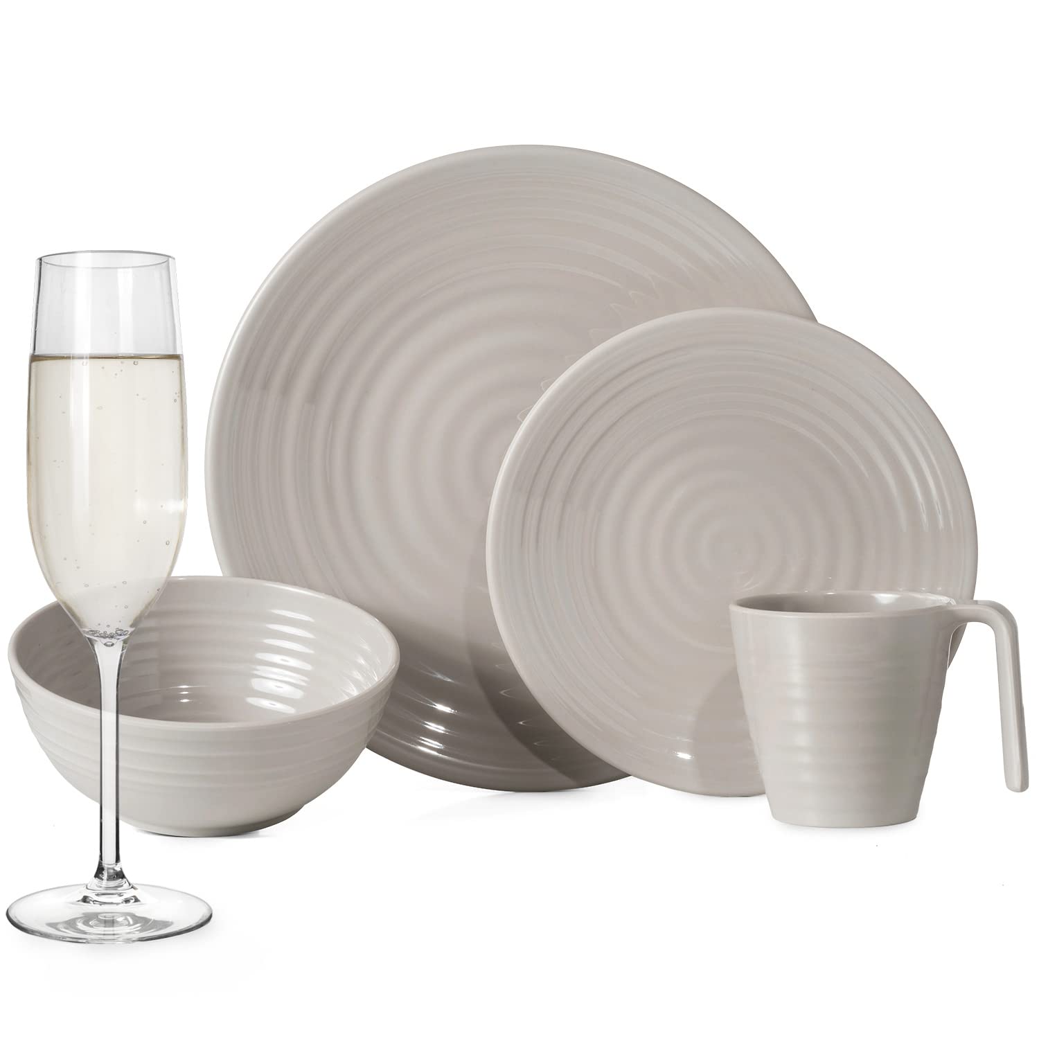 Juego de vajilla de melamina para camping para 4 personas, café, 16 piezas + copas Tiamo, copas de champán, platos, picnic, barbacoa