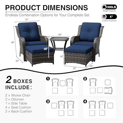 Image of Joyside 5 Piece Wicker Patio Furniture Set, Rattan Patio Chairs with High Back, Deep Seating, Wide Armrest, Thickened Cushions, Outdoor Furniture for Deck, Porch Use