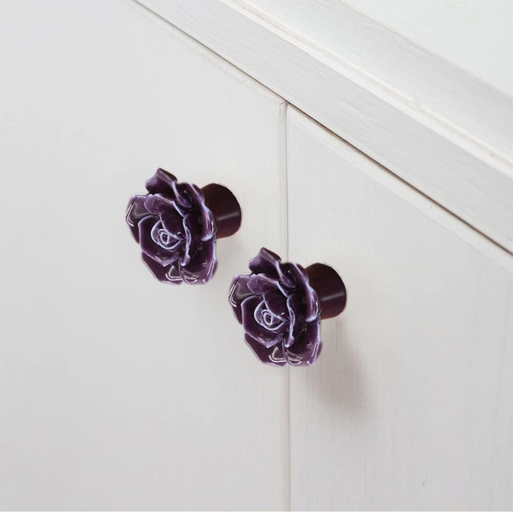 Ceramic Elegant Rose Flower Cabinet Knobs, 6Pcs Purple Vintage Kitchen Rose Flower Drawer Knobs Pull Handles for Girl's Room Dresser Cupboard Wardrobe with 3 Size Screws (6 Pack, Purple)