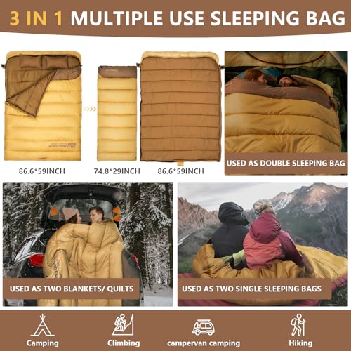 Image of BISINNA Double Sleepinag Bag for Adults Two Person Queen Size Camping Sleeping Bag for All Season Backpacking Hiking Cold Weather with Compression Sack