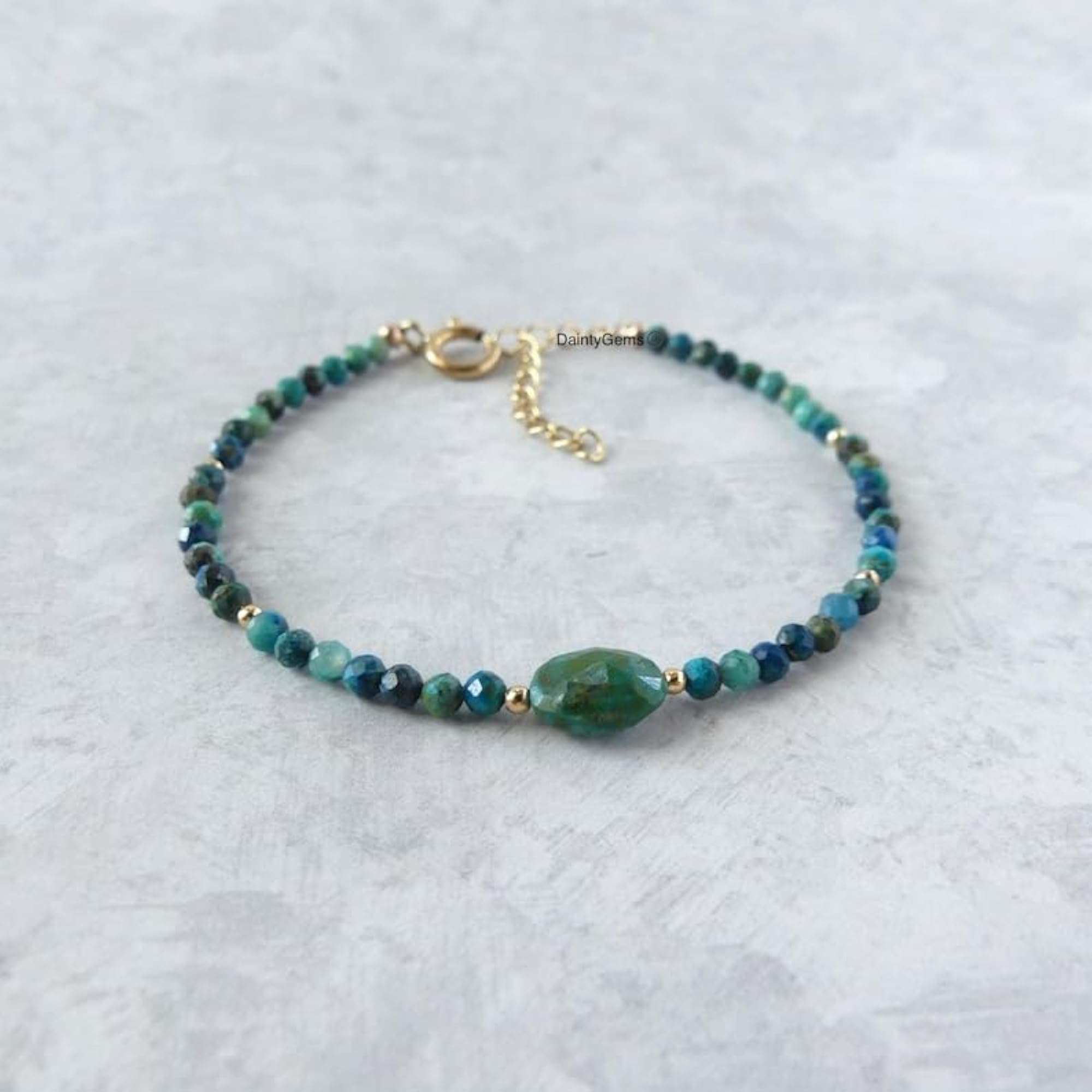 Chrysocolla Round Beaded Bracelet, Adjustable Rose Gold Lock