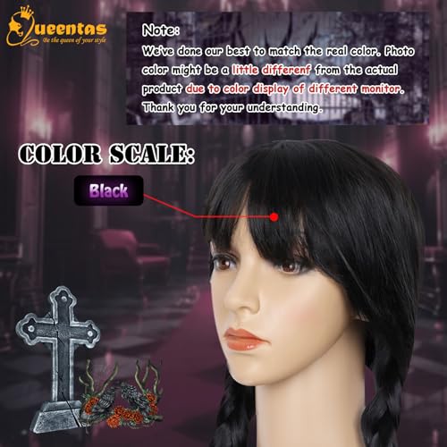 Image of QUEENTAS Braided Black Pigtail Wig for Women Gothic Long Black Braids Wigs with Bangs Cosplay Halloween Costume Wig